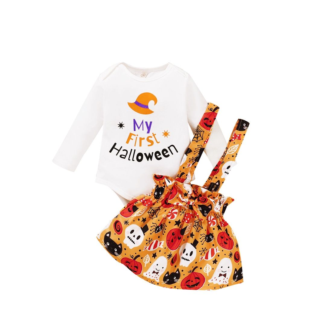 Baby Girl 3PCS Halloween Bodysuit+Pumpkin Skirt+Headwear