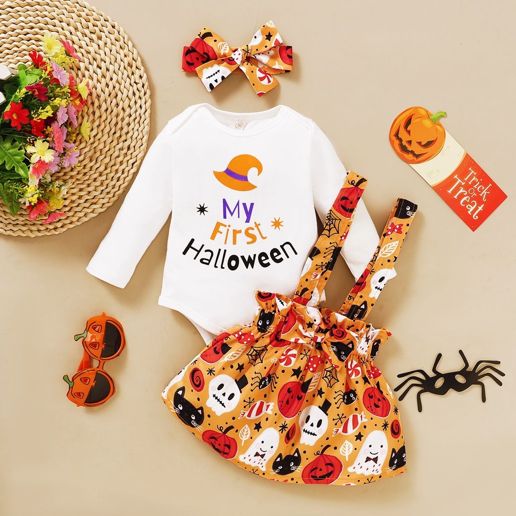 Baby Girl 3PCS Halloween Bodysuit+Pumpkin Skirt+Headwear