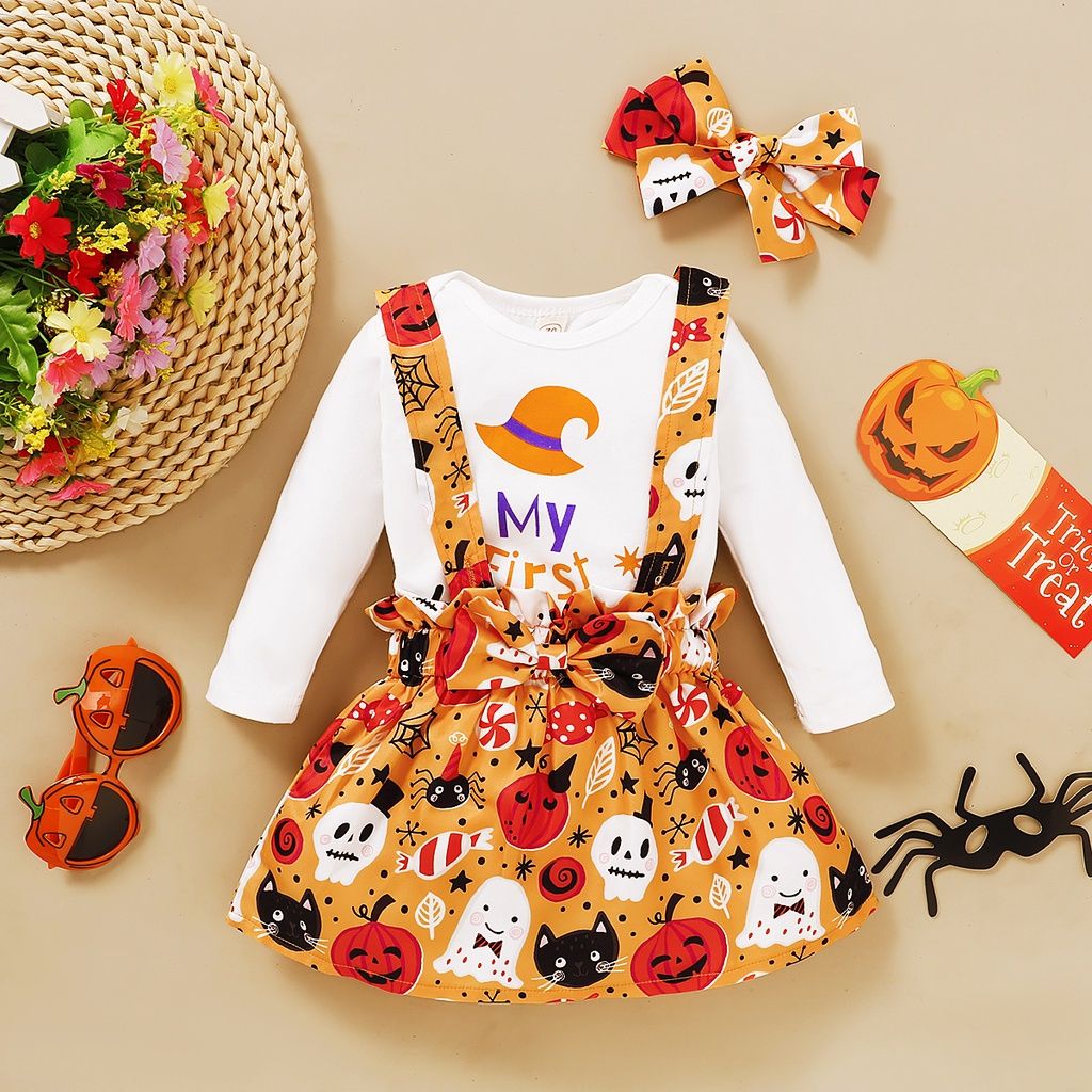 Baby Girl 3PCS Halloween Bodysuit+Pumpkin Skirt+Headwear