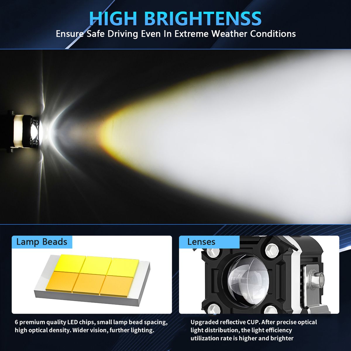 Motorcycle LED Driving Lights, 60W 6000LM 6000K/3000K Super