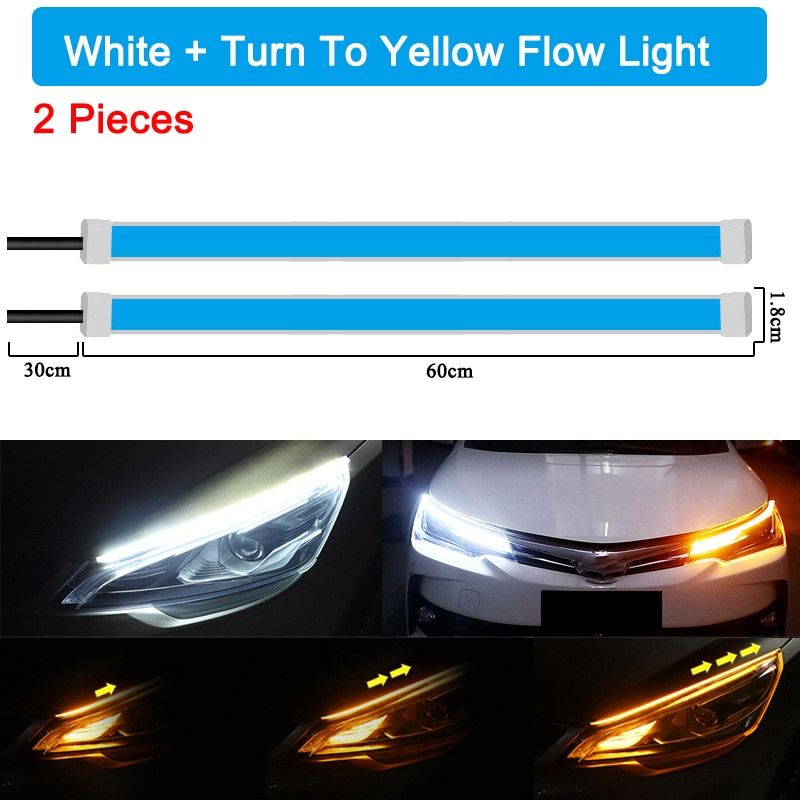 2 PCS Car LED Strip Lights Headlight Strips DRL Light 12V Dual Color White And Amber Daytime Running Lights Turn Signal Bulb 60CM Turn To Yellow