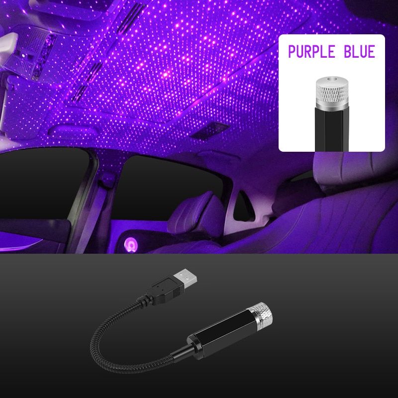 Car Roof Star Light Interior LED Starry Laser Atmosphere Ambient Projector USB Auto Decoration Night Home Decor Galaxy Lights Blue Purple Light
