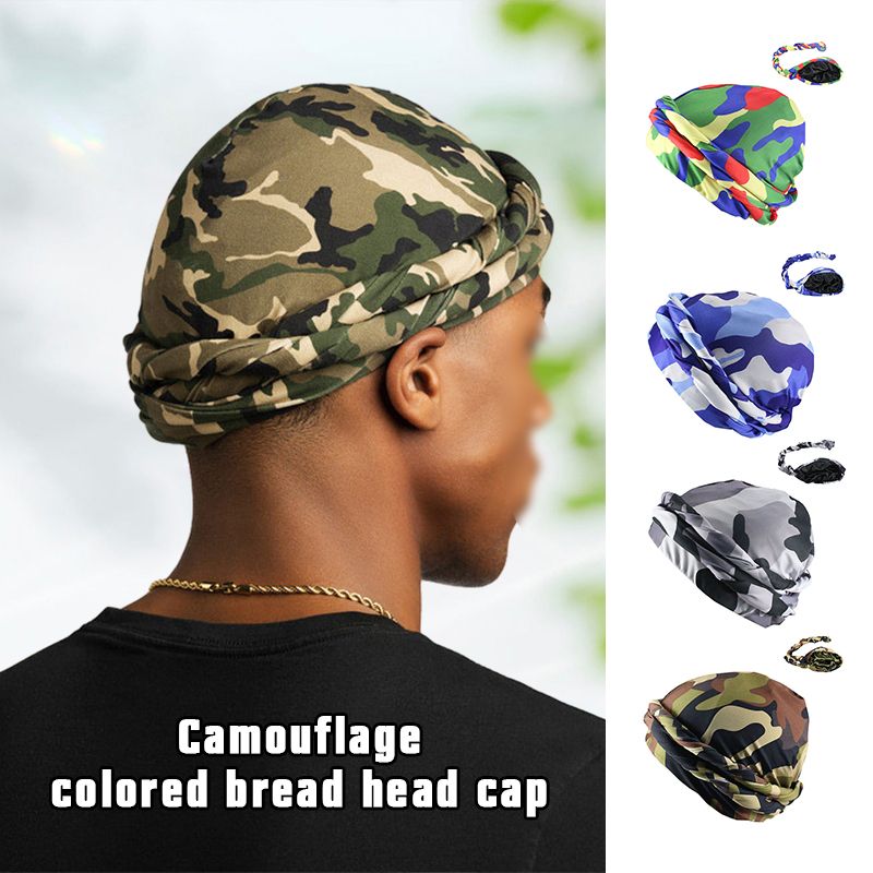 Men CamouflageTurban Hat Satin Silky Lined Turbans Soft Twist Head Wrap Street Hip Hop Male Bo XXA