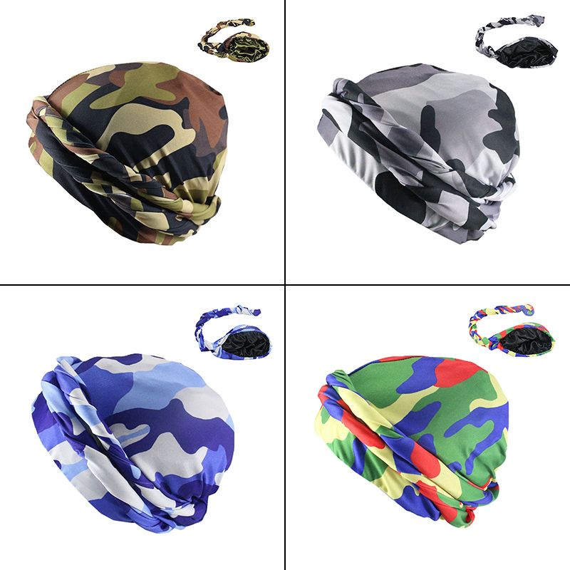 Men CamouflageTurban Hat Satin Silky Lined Turbans Soft Twist Head Wrap Street Hip Hop Male Bo XXA