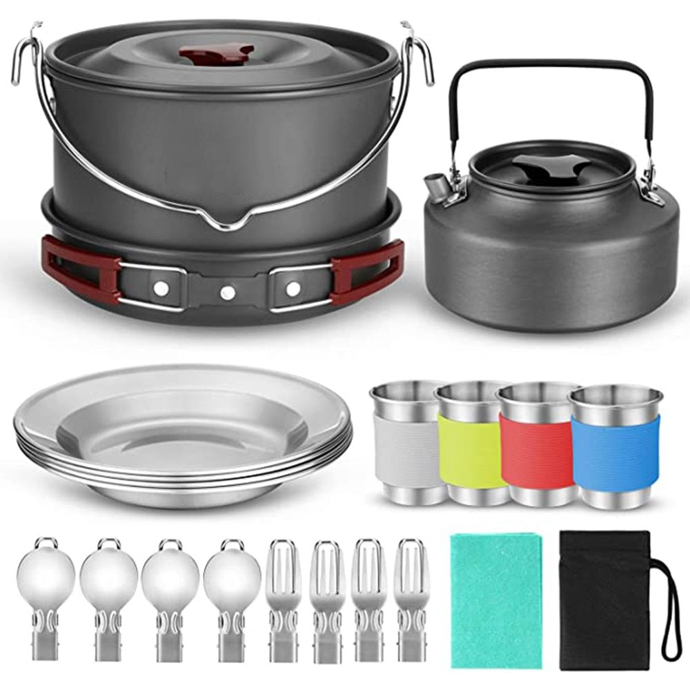 Camping Cookware 22-piece Mess Kit, Large Hanging Pot Pan Kettle, Dish, Fork And Spoon Set For
