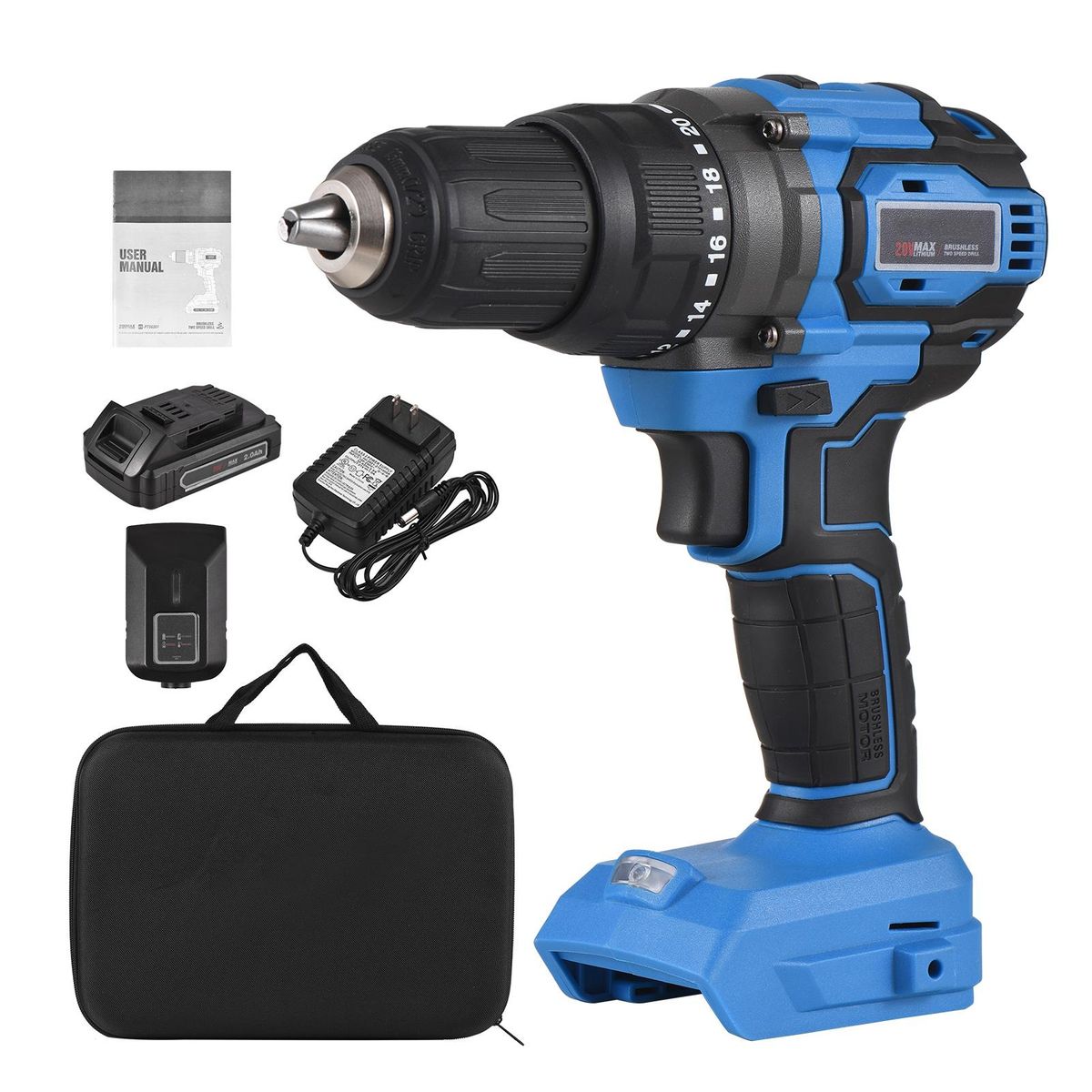 20V Cordless Brushless Electric Drill Driver 1/2-inch Chuck Portable Power Drill Driver for Wood Plastic Metal with 2.0Ah Battery Fast Charger 2-Gear Variable Speed 20+1 Torque Settings 70N.m LED Work Light