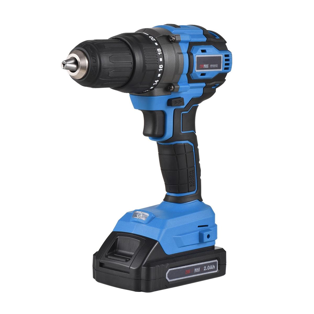20V Cordless Brushless Electric Drill Driver 1/2-inch Chuck Portable Power Drill Driver for Wood Plastic Metal with 2.0Ah Battery Fast Charger 2-Gear Variable Speed 20+1 Torque Settings 70N.m LED Work Light
