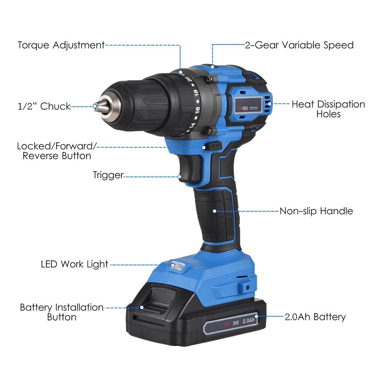 20V Cordless Brushless Electric Drill Driver 1/2-inch Chuck Portable Power Drill Driver for Wood Plastic Metal with 2.0Ah Battery Fast Charger 2-Gear Variable Speed 20+1 Torque Settings 70N.m LED Work Light