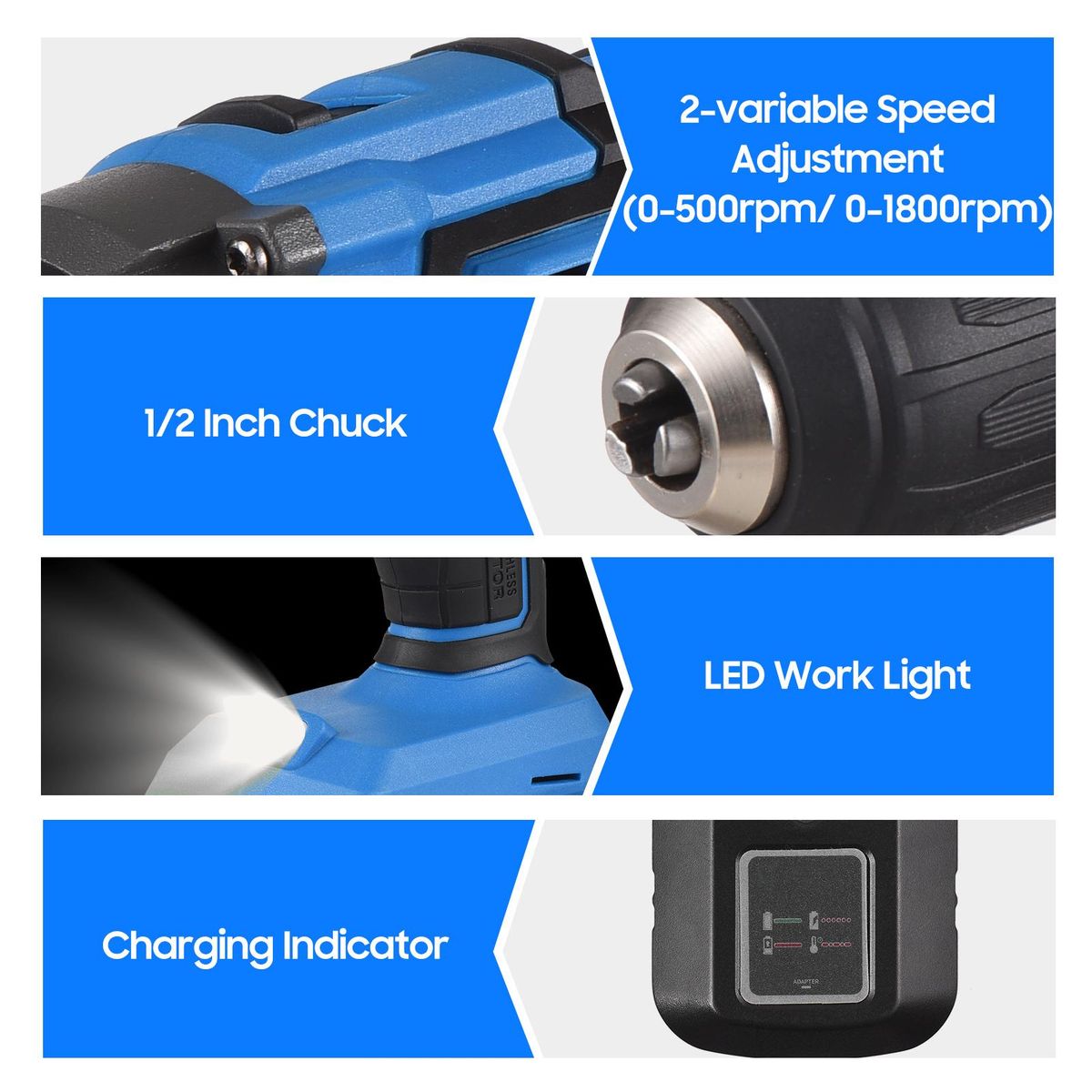 20V Cordless Brushless Electric Drill Driver 1/2-inch Chuck Portable Power Drill Driver for Wood Plastic Metal with 2.0Ah Battery Fast Charger 2-Gear Variable Speed 20+1 Torque Settings 70N.m LED Work Light