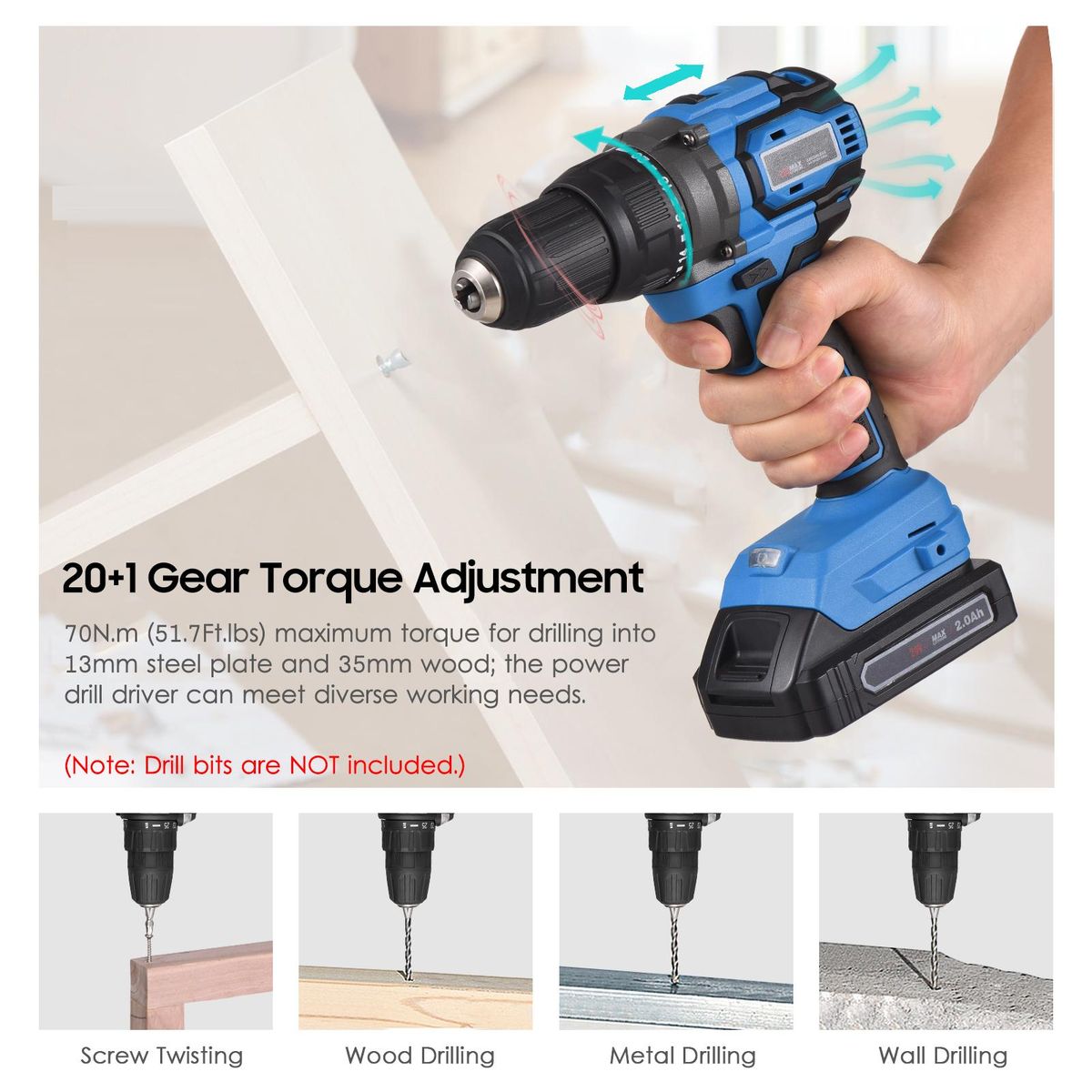 20V Cordless Brushless Electric Drill Driver 1/2-inch Chuck Portable Power Drill Driver for Wood Plastic Metal with 2.0Ah Battery Fast Charger 2-Gear Variable Speed 20+1 Torque Settings 70N.m LED Work Light