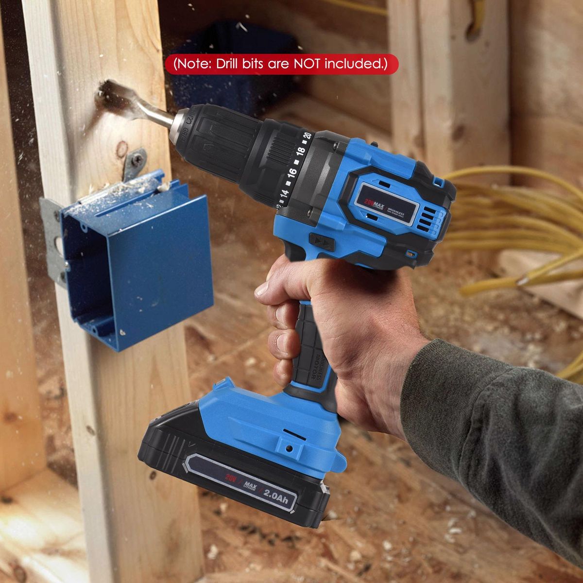 20V Cordless Brushless Electric Drill Driver 1/2-inch Chuck Portable Power Drill Driver for Wood Plastic Metal with 2.0Ah Battery Fast Charger 2-Gear Variable Speed 20+1 Torque Settings 70N.m LED Work Light