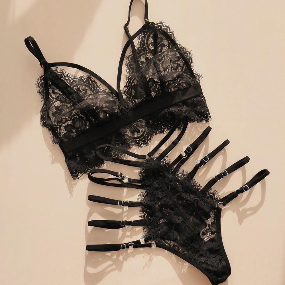 Sexy Lace Lingerie Set Women's Underwear Transparent Bra Party Sets Lace Black Lingerie Bra Set Underwear Set(#black With Socks)