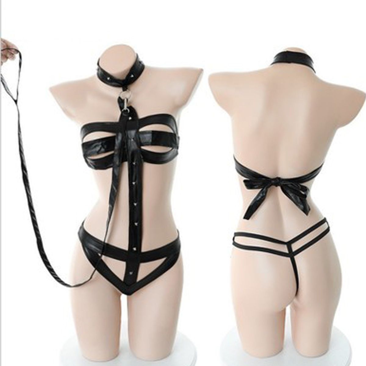 Latex Bodysuit Women Body Harness Halter Teddies Leather    Open Bras Crotchless Sleepwear SM Bodysuit Costume-black