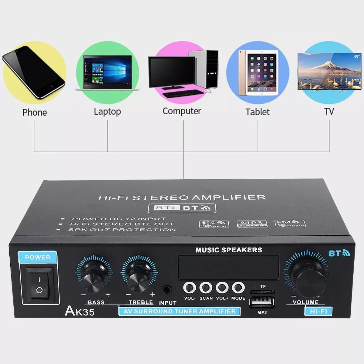 110V/220V 400W+400W Mini 2.0 Channel Digital Amplifier Bluetooth 5.0 Receiver USB Music Player Stereo Home/Car/Marine Audio Amp
