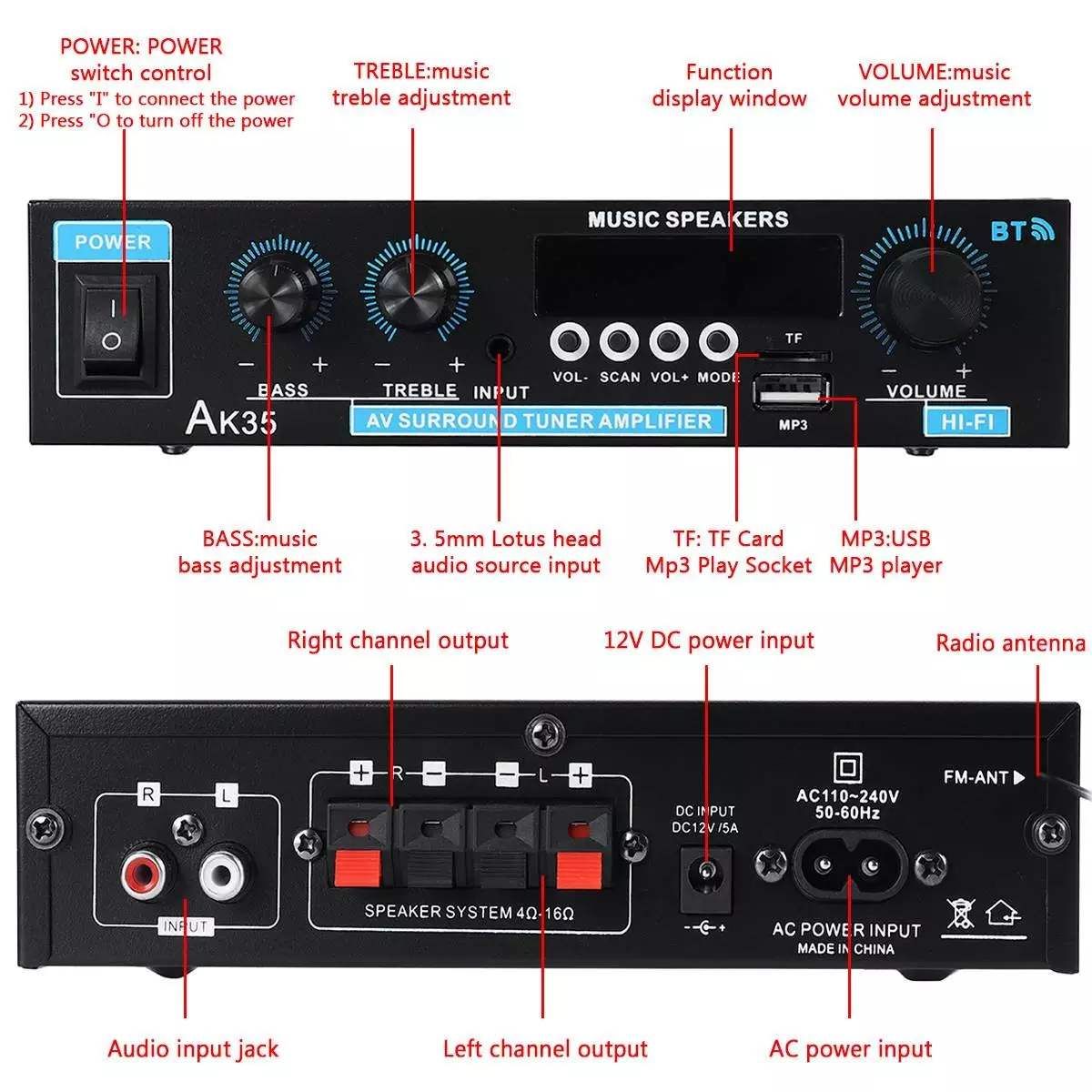 110V/220V 400W+400W Mini 2.0 Channel Digital Amplifier Bluetooth 5.0 Receiver USB Music Player Stereo Home/Car/Marine Audio Amp