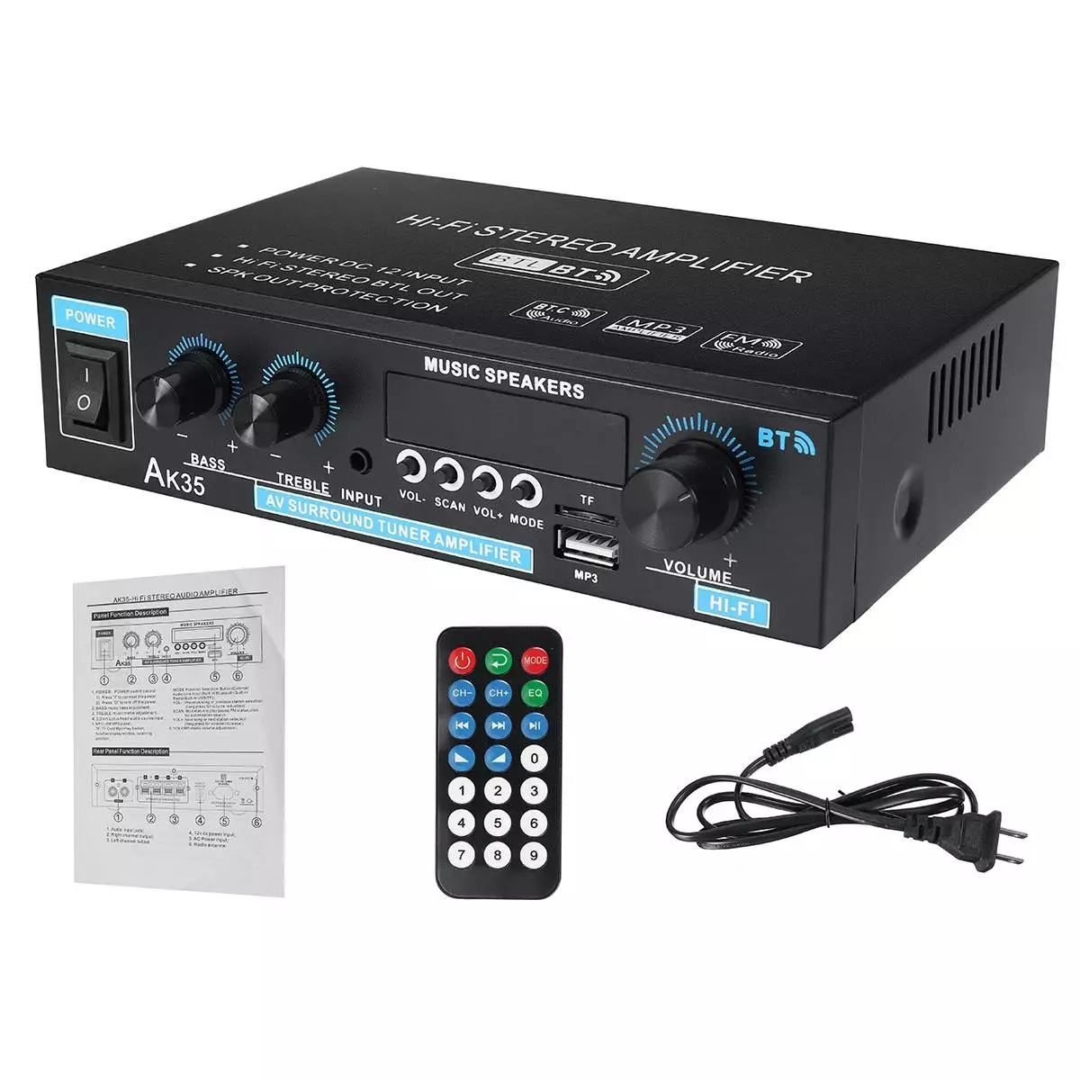 110V/220V 400W+400W Mini 2.0 Channel Digital Amplifier Bluetooth 5.0 Receiver USB Music Player Stereo Home/Car/Marine Audio Amp