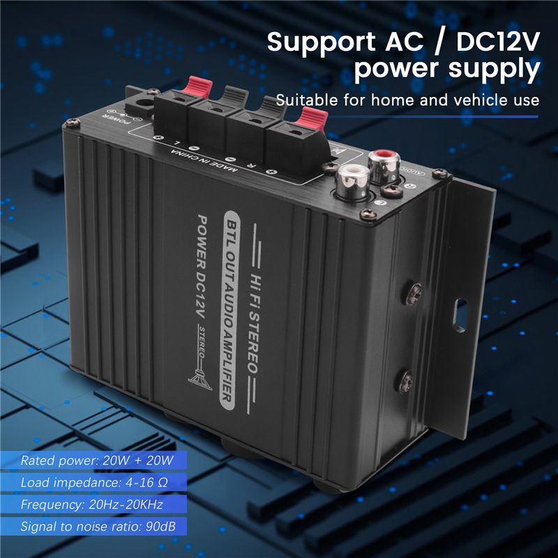 12V Mini Audio Power Car Amplifier Digital Audio Receiver AMP Dual Channel 20W20W Bass Treble Volume Control