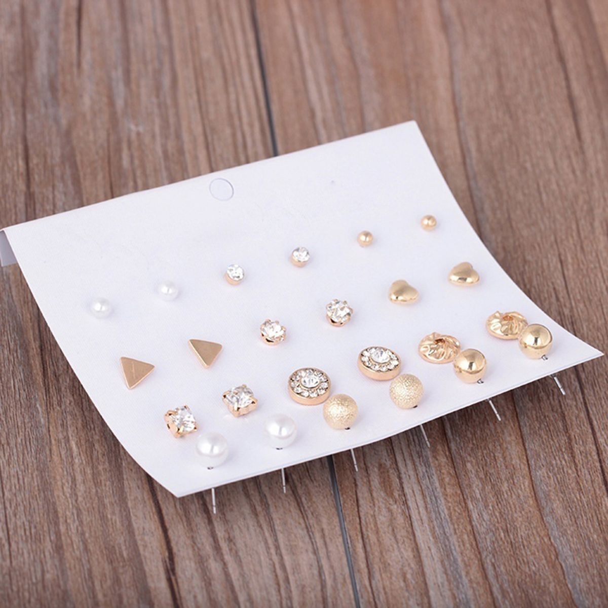 12 Pairs Ear Studs Various Shape Rhinestone Women Earrings For Party-Golden