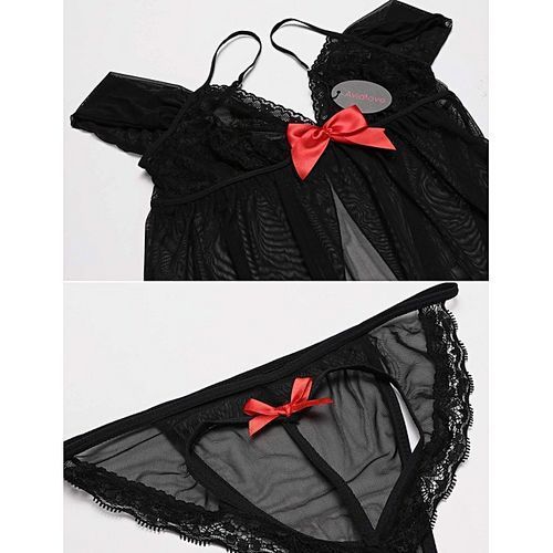 Women Sexy Strap V-neck Babydoll Lingerie Dress Back Split Mini Nightwear ( Black )