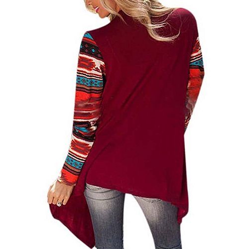 Women Long Sleeve Cardigan Geometric Knitting Patchwork Front Open Asymmetric Hem Slim Outwear-Wine Red
