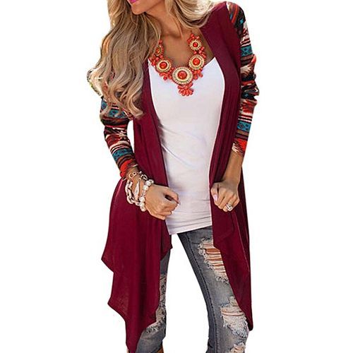 Women Long Sleeve Cardigan Geometric Knitting Patchwork Front Open Asymmetric Hem Slim Outwear-Wine Red