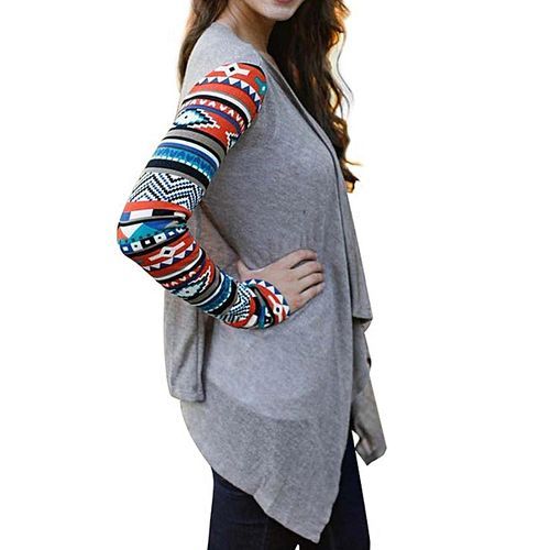 Women Long Sleeve Cardigan Geometric Knitting Patchwork Front Open Asymmetric Hem Slim Outwear-Wine Red