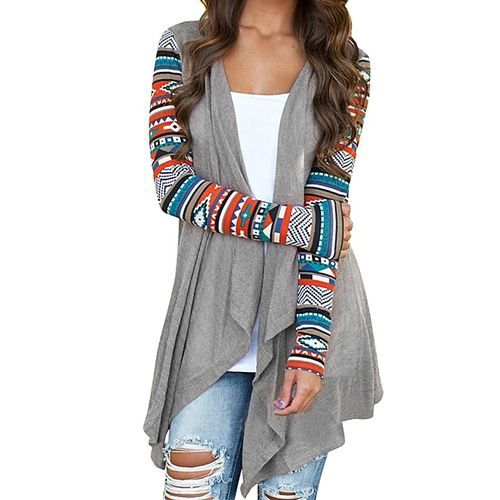 Women Long Sleeve Cardigan Geometric Knitting Patchwork Front Open Asymmetric Hem Slim Outwear-Wine Red