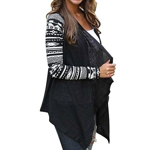 Women Long Sleeve Cardigan Geometric Knitting Patchwork Front Open Asymmetric Hem Slim Outwear-Wine Red