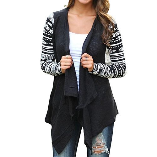 Women Long Sleeve Cardigan Geometric Knitting Patchwork Front Open Asymmetric Hem Slim Outwear-Wine Red