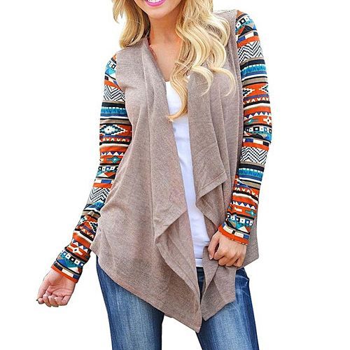 Women Long Sleeve Cardigan Geometric Knitting Patchwork Front Open Asymmetric Hem Slim Outwear-Wine Red