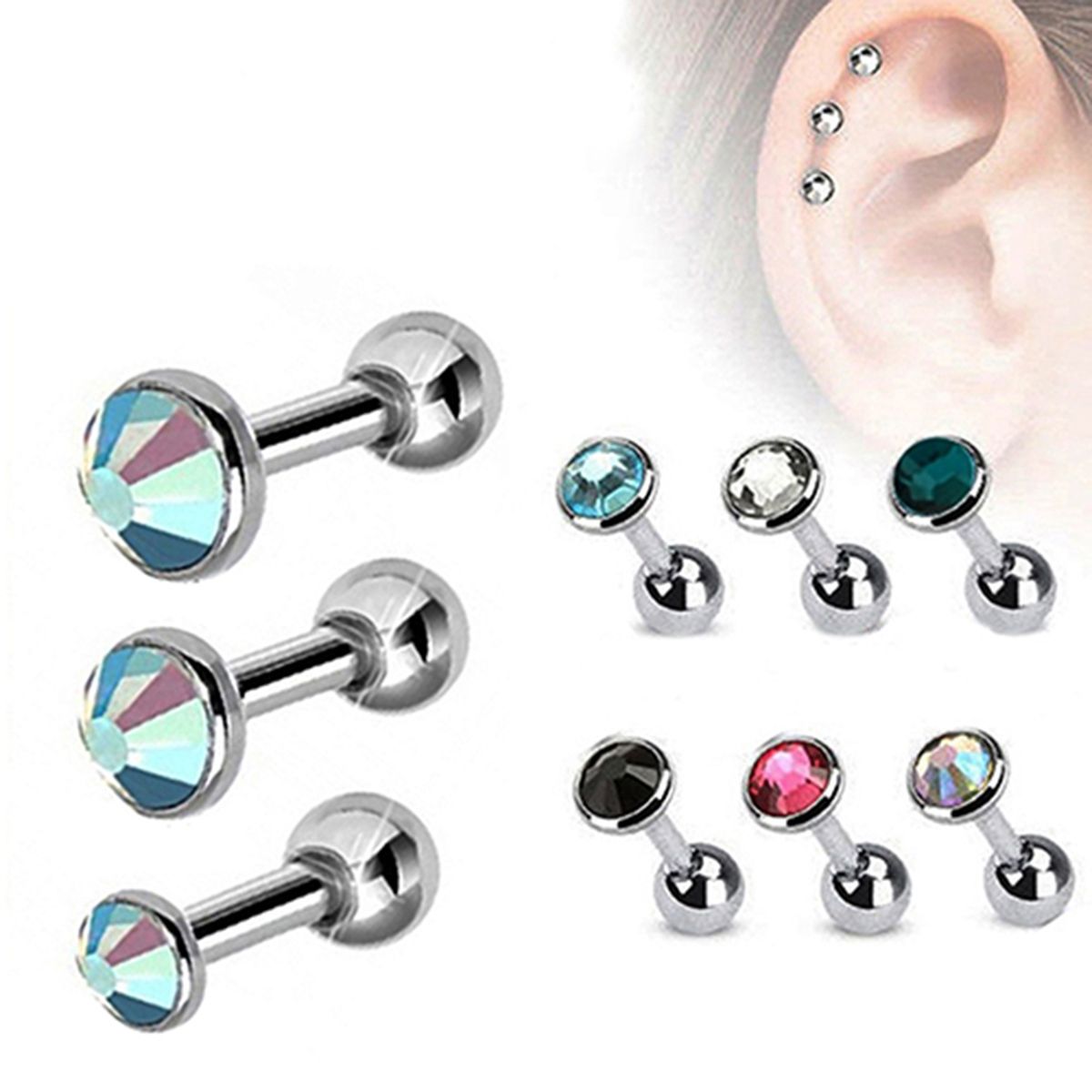3Pcs/Set Women Fashion Stainless Steel Round Rhinestone Ear Studs Earrings For Party-Black