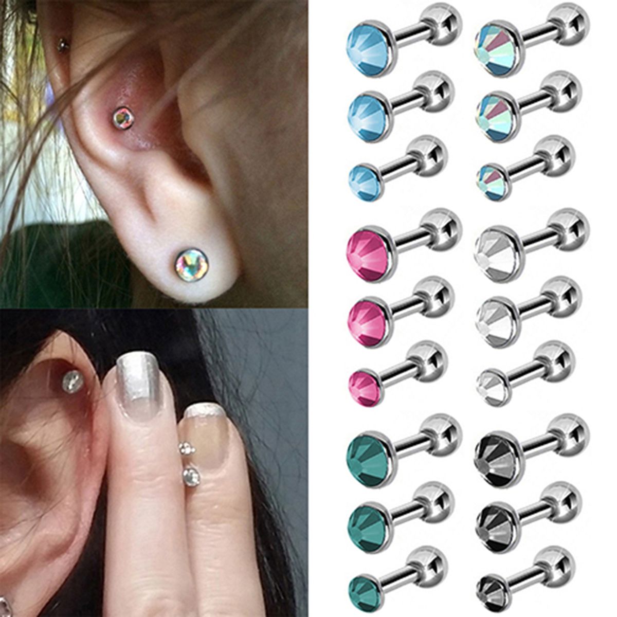 3Pcs/Set Women Fashion Stainless Steel Round Rhinestone Ear Studs Earrings For Party-Black