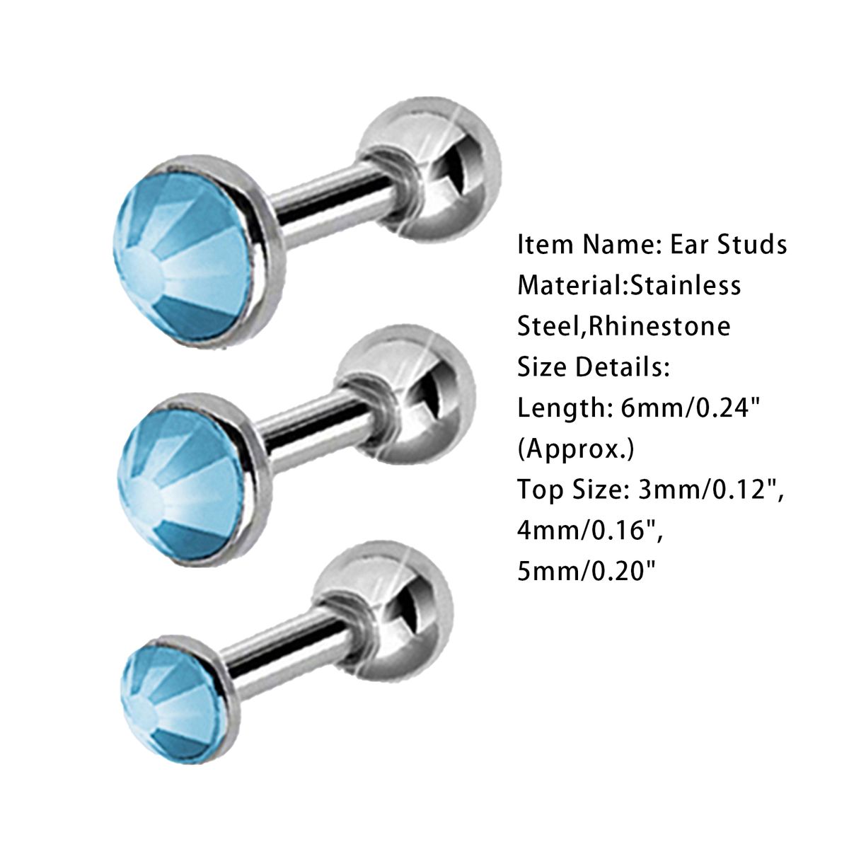 3Pcs/Set Women Fashion Stainless Steel Round Rhinestone Ear Studs Earrings For Party-Black