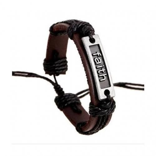 Unisex Faith Adjustable Leather Bracelet Brown Wrist Cuff