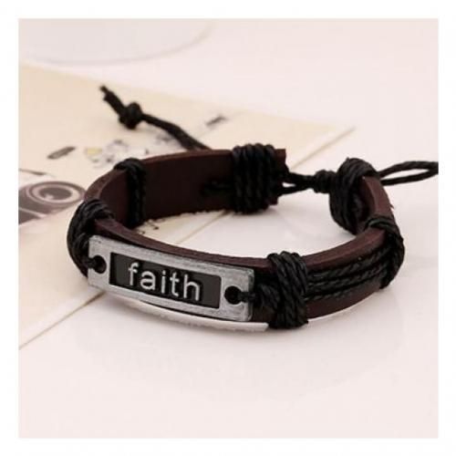 Unisex Faith Adjustable Leather Bracelet Brown Wrist Cuff