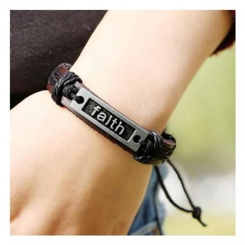 Unisex Faith Adjustable Leather Bracelet Brown Wrist Cuff