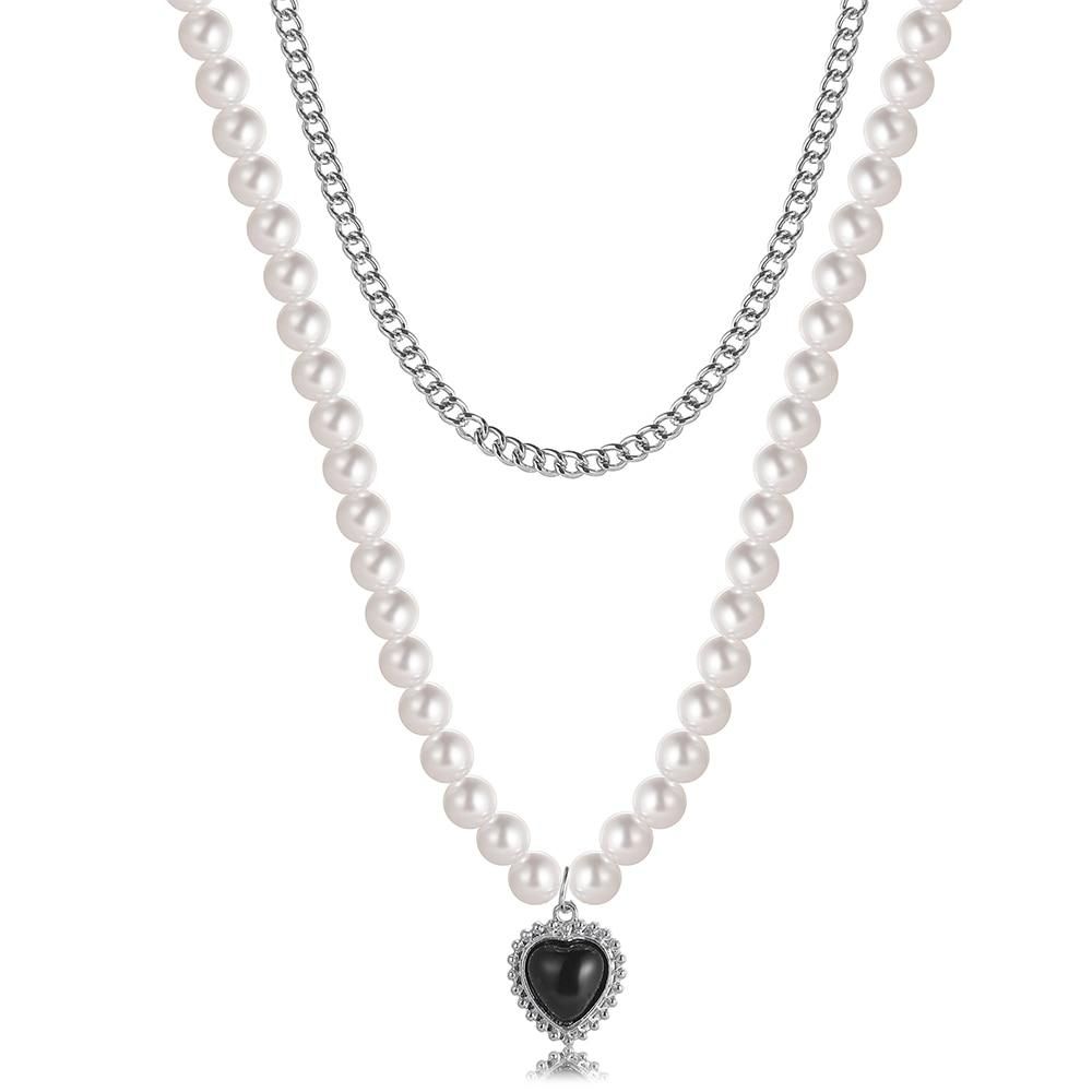 2022 new creative simple temperament women's multi-layer necklace ins style black love double-layer pearl necklace