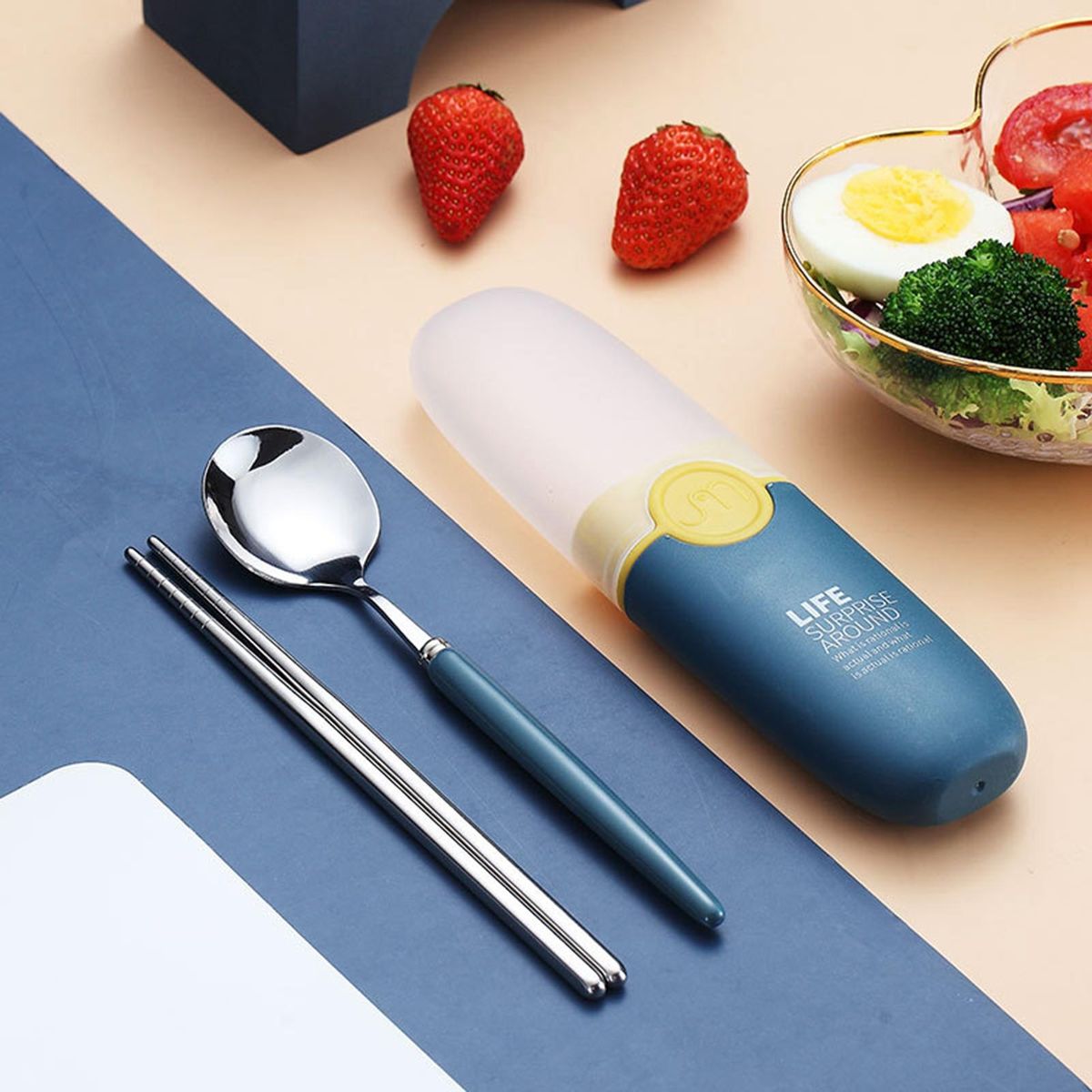 1 Set Travel Cutlery Set Students Kids Travel Spoon Kit Blue