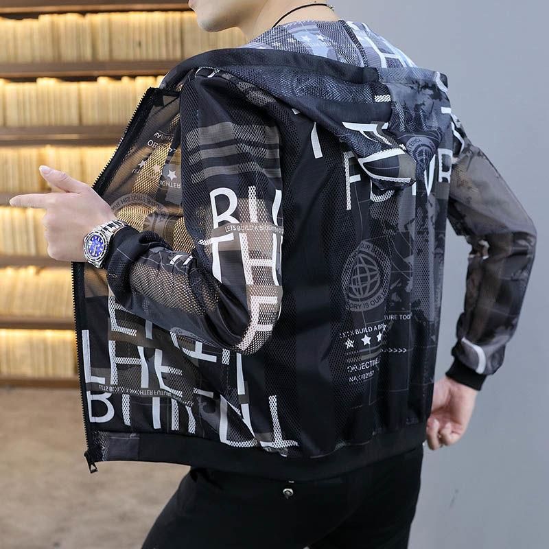 Summer Thin Jackets Men Breathable Slim Fit Bomber Jacket Sun Protection Clothing Stand Collar Hollow Streetwear Outwear Coats