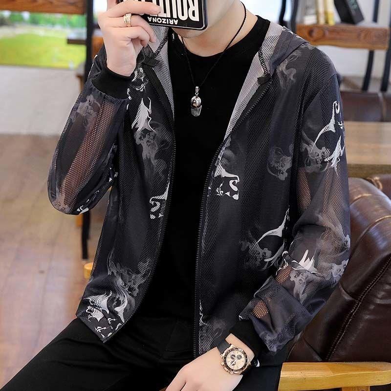 Summer Thin Jackets Men Breathable Slim Fit Bomber Jacket Sun Protection Clothing Stand Collar Hollow Streetwear Outwear Coats