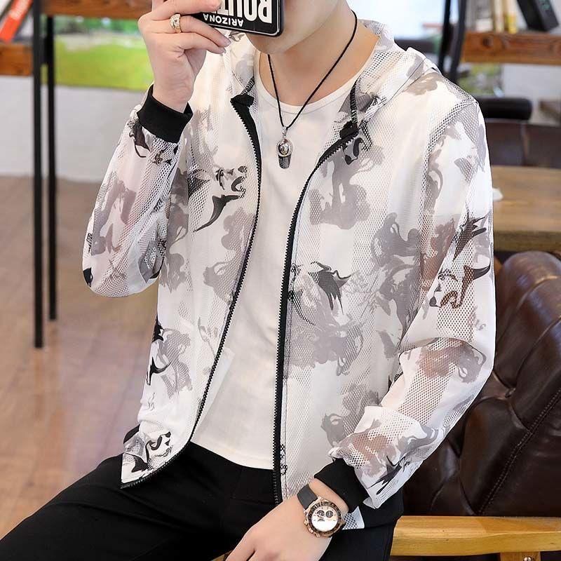 Summer Thin Jackets Men Breathable Slim Fit Bomber Jacket Sun Protection Clothing Stand Collar Hollow Streetwear Outwear Coats