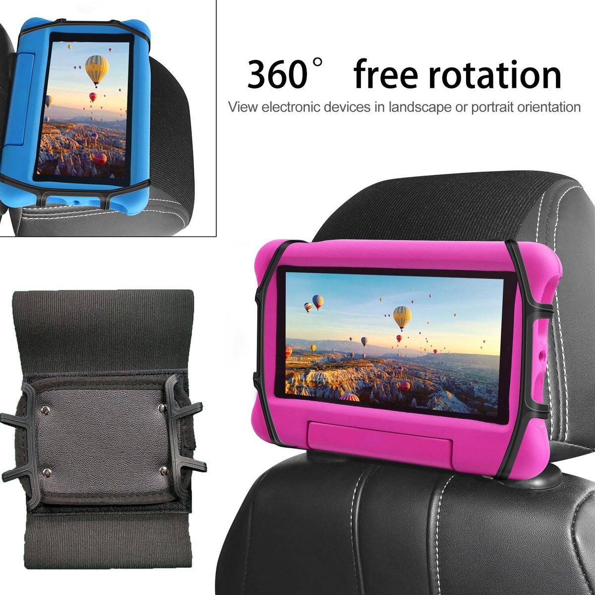 Car Headrest Mount Holder, Tablet Holder for Kids in Car Headrest Back Seats, Anti-Slip Elastic Strap and Holding Net,Tablet Cover Angle Adjustable Fits All 7 Inch to 10.5 Inch Tablets