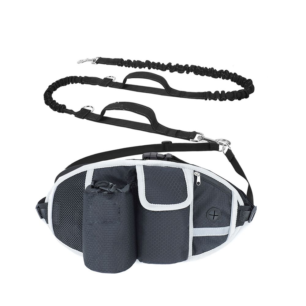Hands Free Dog Running Waist Belt Bungee Dog Leash With Multi Pouches-Black