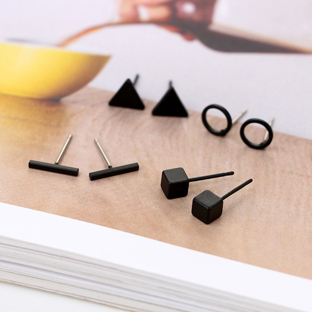 8Pcs/Set Fashion Geometric Square Triangle Circle Ear Stud Earrings Women Gift-Black