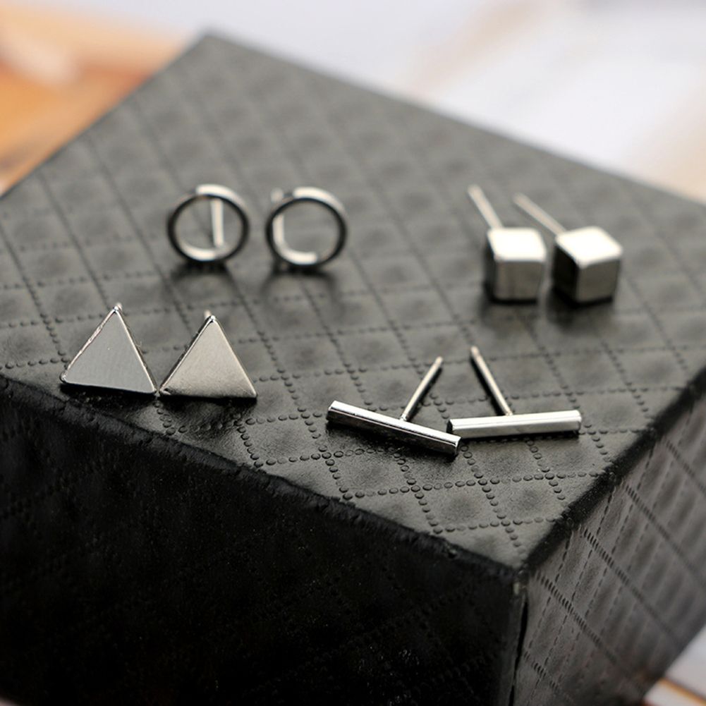 8Pcs/Set Fashion Geometric Square Triangle Circle Ear Stud Earrings Women Gift-Black