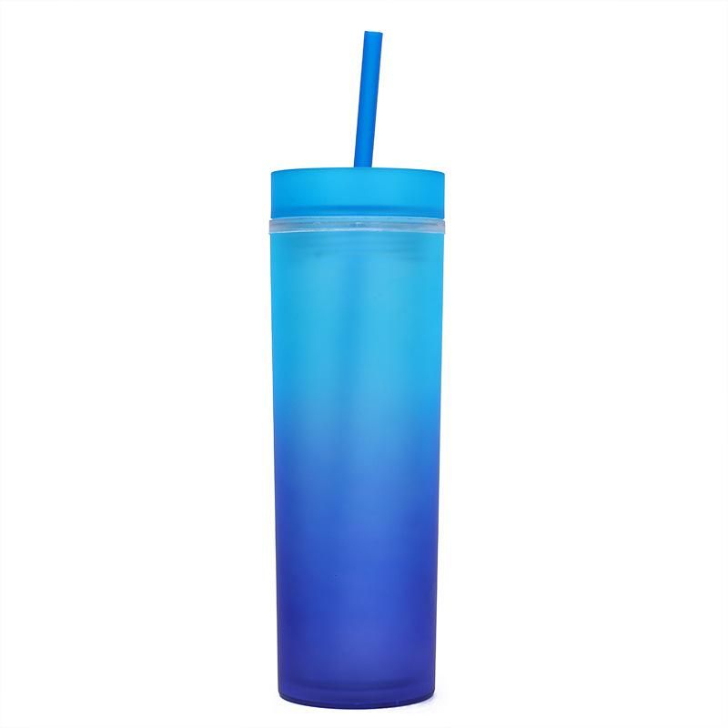 Gradient Blue Skinny Cup Double-Walled Plastic Tumbler with Straw and Lid