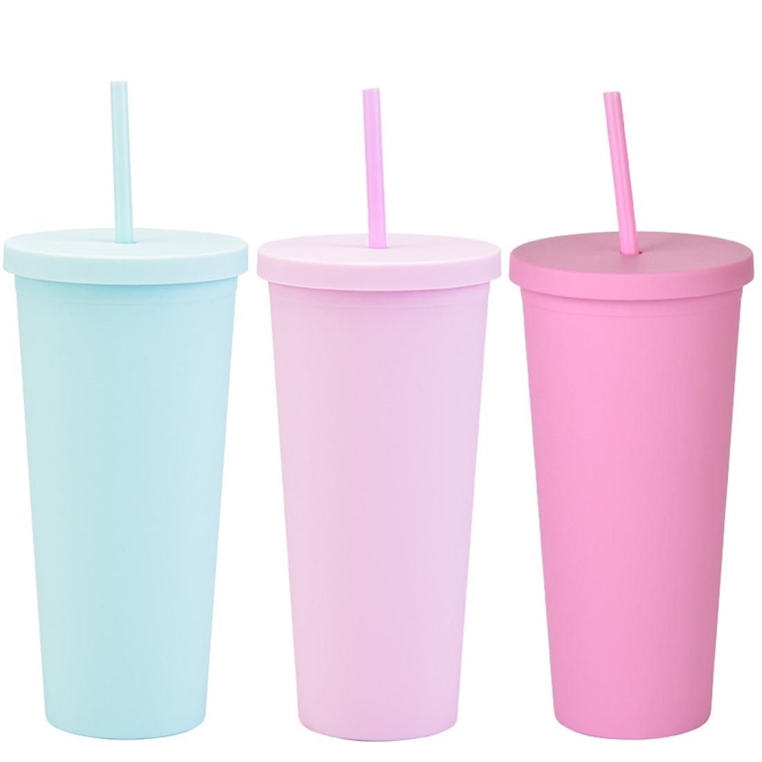 3 Colors 700ml Matte Straw Tumbler with Lid Reusable Double-Walled Plastic Cup