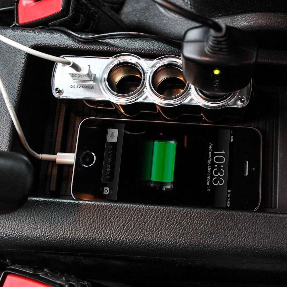 Car Charger 3 Sockets Dual USB Ports Car Splitter Adapter