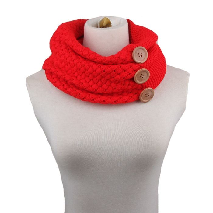 Winter Round Buttons Gaiter Scarf Women Thick Warm Wool Knitted Scarves Collar (Red)