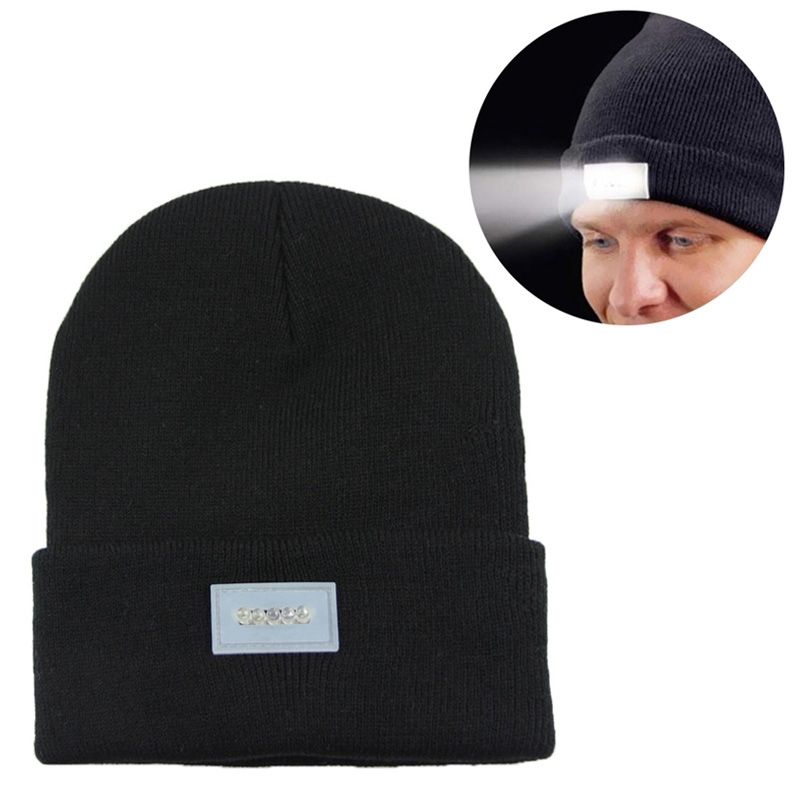 Unisex Warm Winter Polyacrylonitrile Knit Hat Adult Head Cap With 5 LED Light (Black)